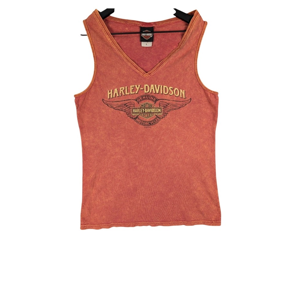 Harley-Davidson Hoosier Elkhart IN Acid Wash Tank Top Orange Red V-Neck Large